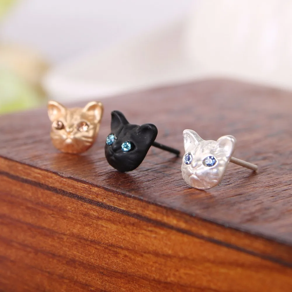 

Cute Small Kitty Cat Shiny Crystal Blue Eye Black White Golden Animal Stud Earrings for Women