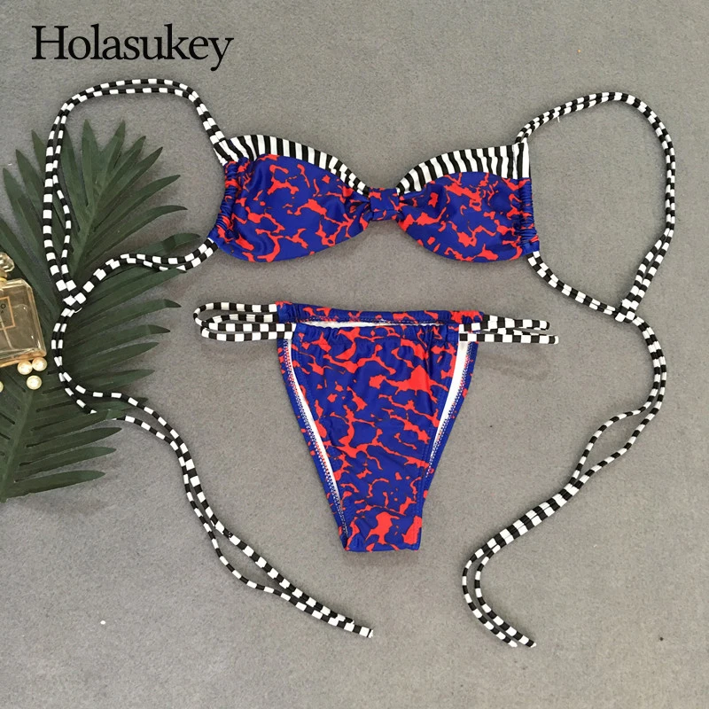 HolaSukey 2018 сексуальный комплект бикини принт Купальники для малышек женщин повязки