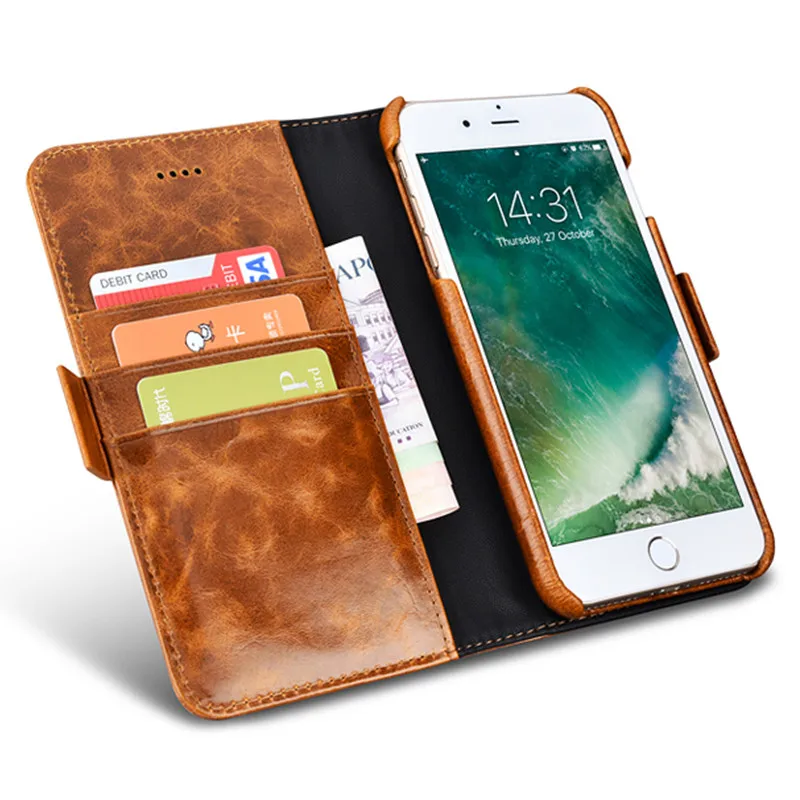 Чехол книжка ICARER Oil Wax из натуральной кожи со съемным 2 в 1 бумажником для IPhone 7 Plus 6 6S