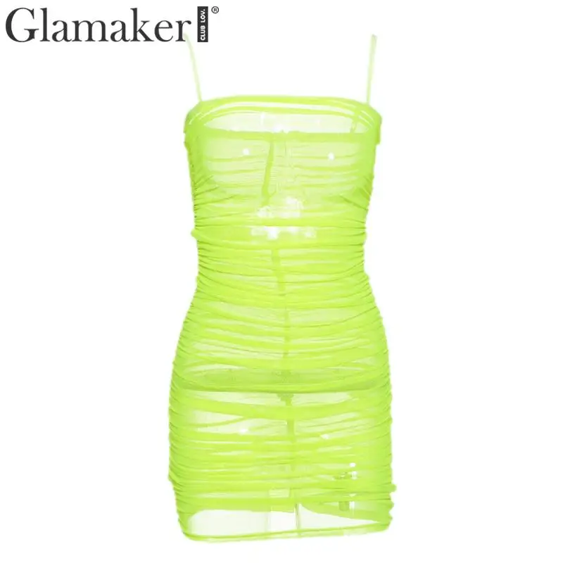 Glamaker, сексуальное прозрачное облегающее платье, женское, весна-лето, Сетчатое, элегантное, мини платье, вечерние, для клуба, без рукавов, плиссированное, женское платье