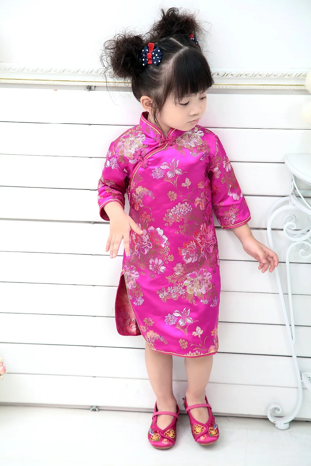 

Girls Chinese Red Peony Qipao Cheongsam Dress