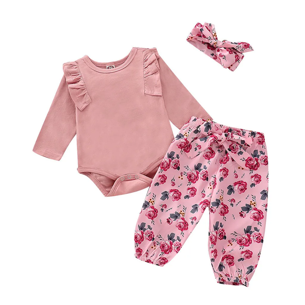 Pink Детская одежда для малышей, костюм-комбинезон+ штаны с цветочным принтом+ повязка на голову, комплекты одежды для девочек, спортивный костюм - Цвет: Pink