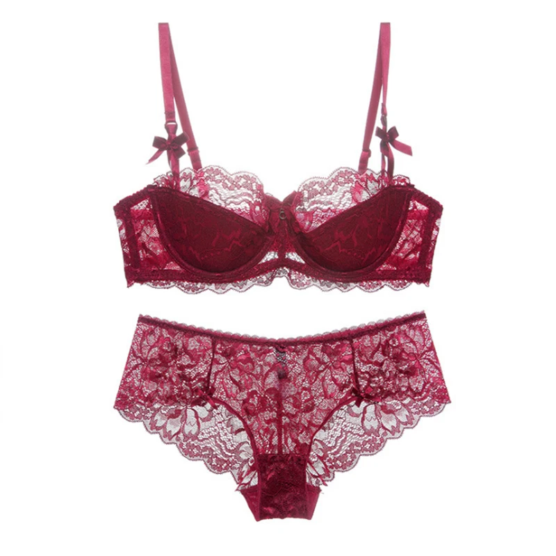 Sexy Lingerie Lace Bra Set Luxurious Push Up Brand Designer underwear Women Transparent Thin 1/2 Cup Plus Size A~D Bra WI443