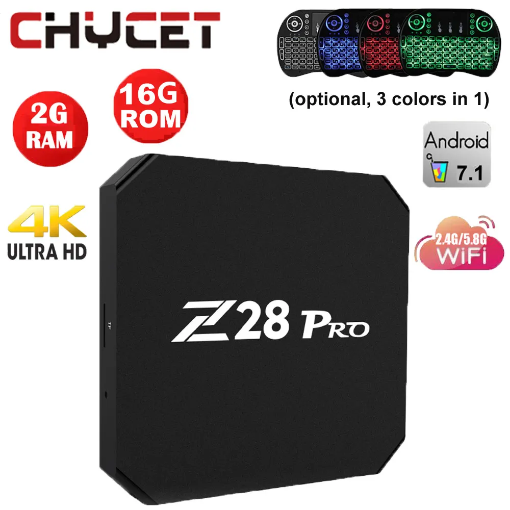 ТВ приставка Chycet Z28 PRO Smart Android 7 1 RK3328 четырехъядерный 64 бит 4K H.265 USB3.0 2 Гб 16 мини ПК WiFi