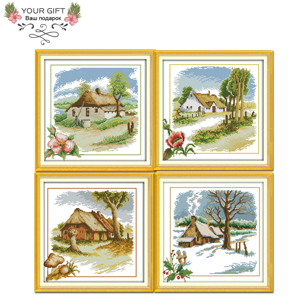 

Joy Sunday F632 F633 F634 F635 14CT 11CT Counted Stamped Rural Cottage Spring Summer Autumn Winter Home Decor Cross Stitch kits