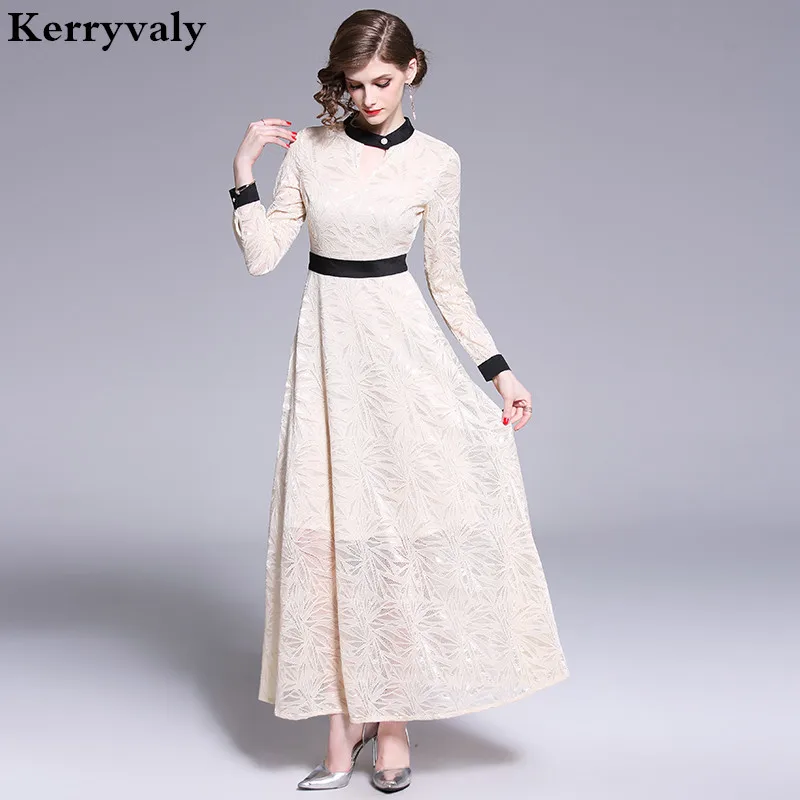 

New Stylish Long Sleeve Beige Elegant Maxi Lace Dress Vetement Femme 2022 Spring Women Long Party Dress Kleider Damen K3555