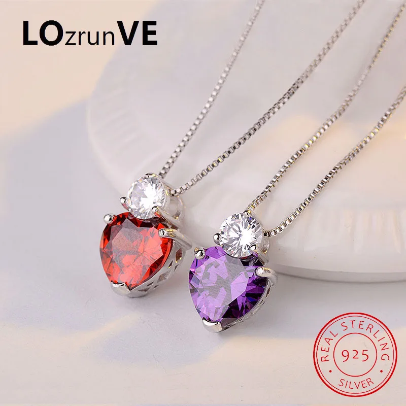LOZRUNVE 2018 Brand S925 Sterling Silver Kolye Korean Sweet Purple Red Zirconia Heart Pendant Necklace Women Factory Wholesale | Украшения