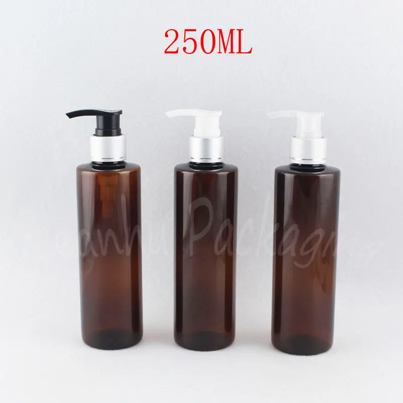 250ML Brown Flat Shoulder Bottle With Silver Lotion Pump , 250CC Makeup Sub-bottling , Shampoo / Lotion Packaging Bottle