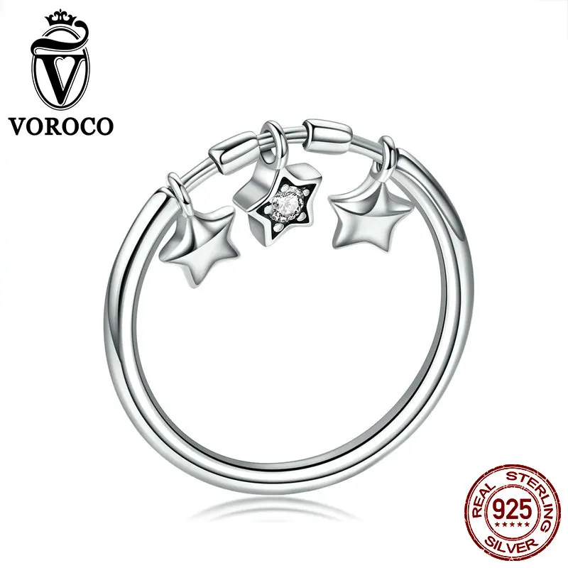 VOROCO 2019 Hot Sell Trendy Silver Ring Authentic 925 Sterling Dangle Star Dazzling Finger Rings Girl Jewelry Gift BKR406 | Украшения и