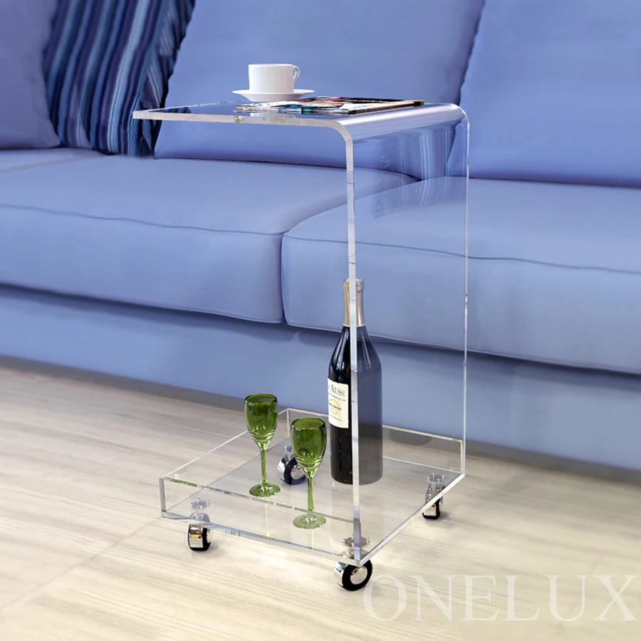 

C Shaped Waterfall Acrylic Occasional Side Tray Table On Wheels, Rolling Sofa Tea Tables