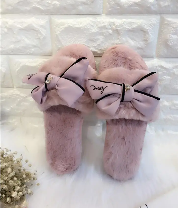 Модные зимние тапочки с бантом и перьями Женские роскошные дизайнерские меховые