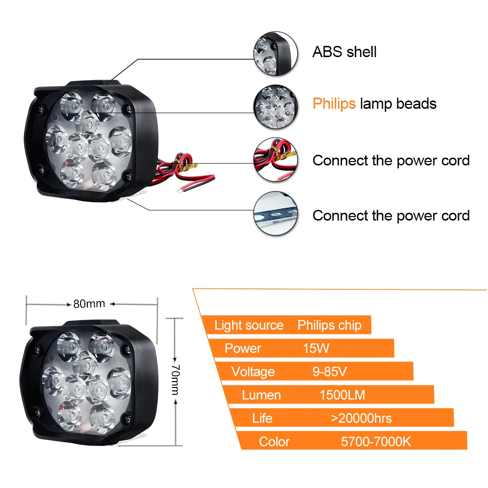AcooSun Headlight LED Moto Phares moto 15W 1500Lm Motorbike Scooters Brouillard Ampoule Spotlight 6500K White Drive Working Lamp |