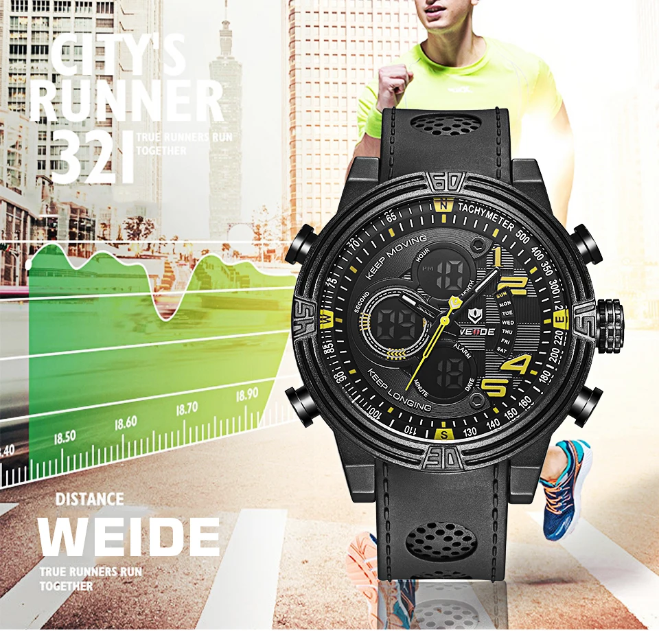 WEIDE кварцевые повседневные часы, военные спортивные часы, водонепроницаемые, несколько часовых поясов, мужские часы, будильник, электронные наручные часы