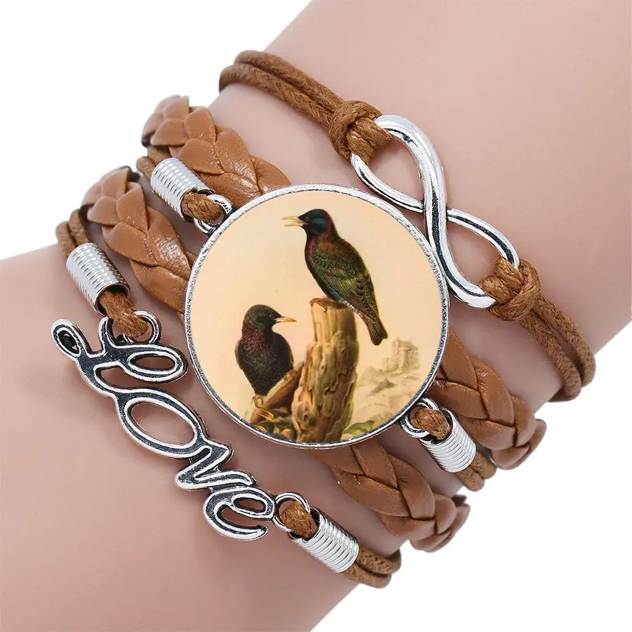 For Women Men Luxury Brand Jewelry Glass Cabochon Multilayer Black/Brown Leather Bracelet Bangle Green Purple Hummingbird | Украшения и