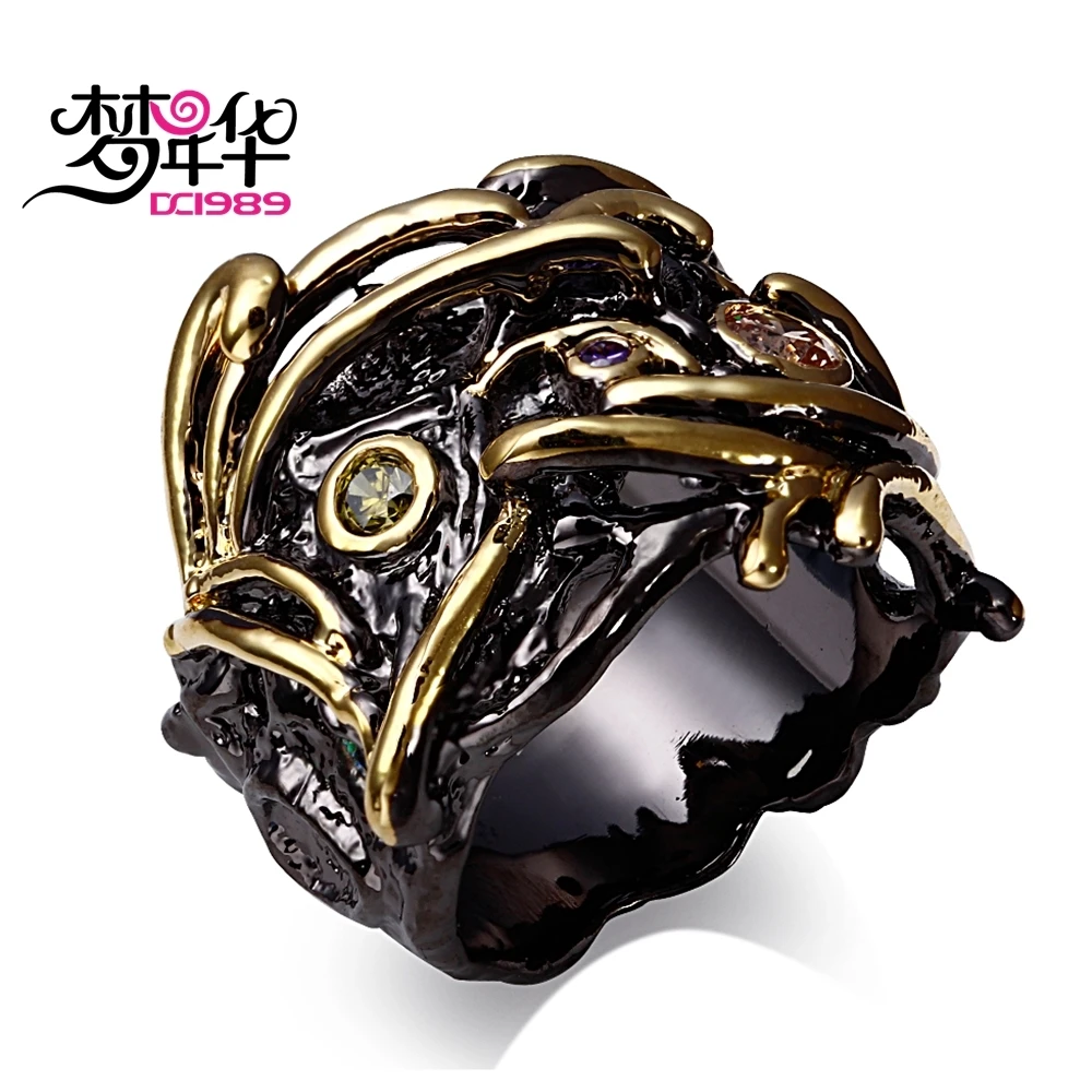 Trendy Hip Hop Ring for Women Teenage Unique Black& Gold Plated Cubic Zirconia Bezel Set Lead Free Street Fashion Movie Jewelry