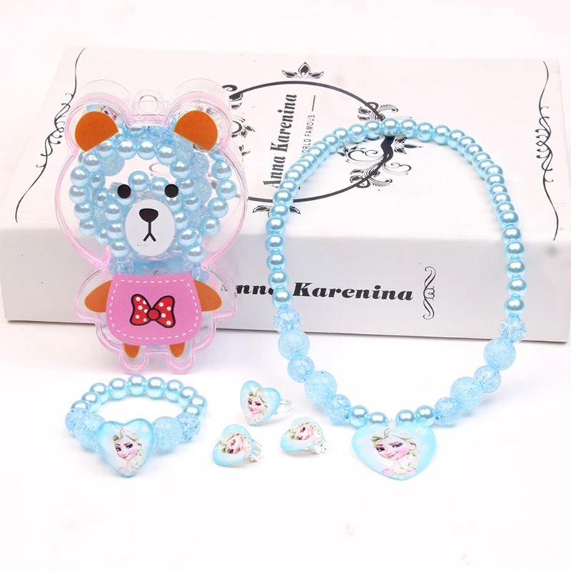 1Set Wholesale Multi Color Child lovely Pearl Heart Necklace Earrings Ring Bracelet For Kids Girls Best Gifts Bear Box | Украшения и