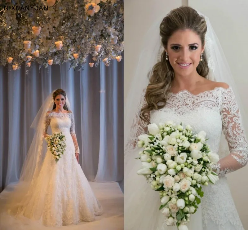

Vestidos De Novia 2021 красивая кружевная одежда с длинным рукавом платье трапециевидной формы Свадебные платья с открытыми плечами свадебное плать...