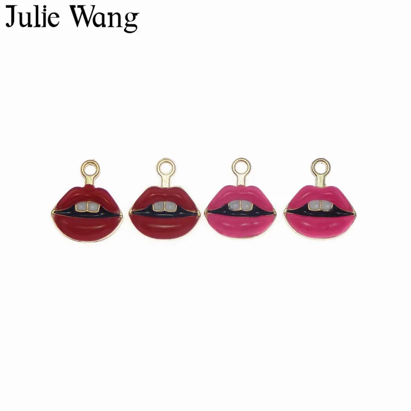 Julie Wang 6 шт. сплав Золотая основа розово красная/Красная эмаль губы Подвески зубы