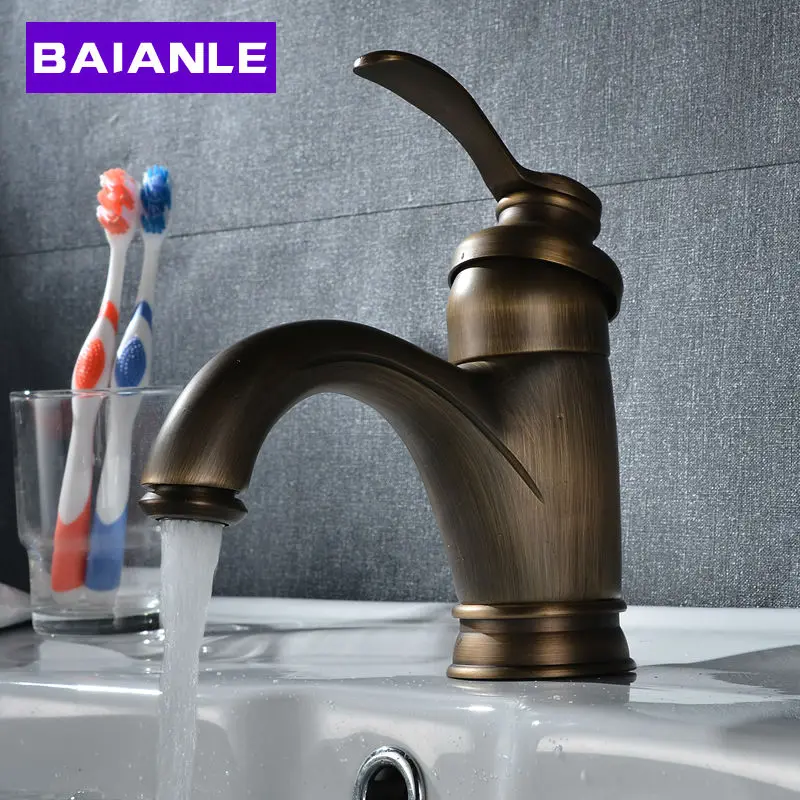 

Free Shipping Antique Brass Bathroom Sink Faucet Deck Mounted Hot and Cold Water Basin Tap