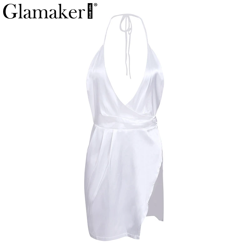 Glamaker сексуальное сатиновое летнее платье с лямкой через шею, сарафан, женское мини-платье с глубоким v-образным вырезом и открытой спиной, элегантное короткое вечернее платье vestidos