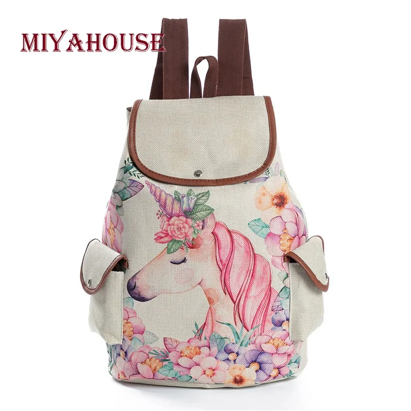

Льняные рюкзаки Miyahouse для девочек-подростков, модные школьные портфели на плечо с принтом в виде единорога для путешествий