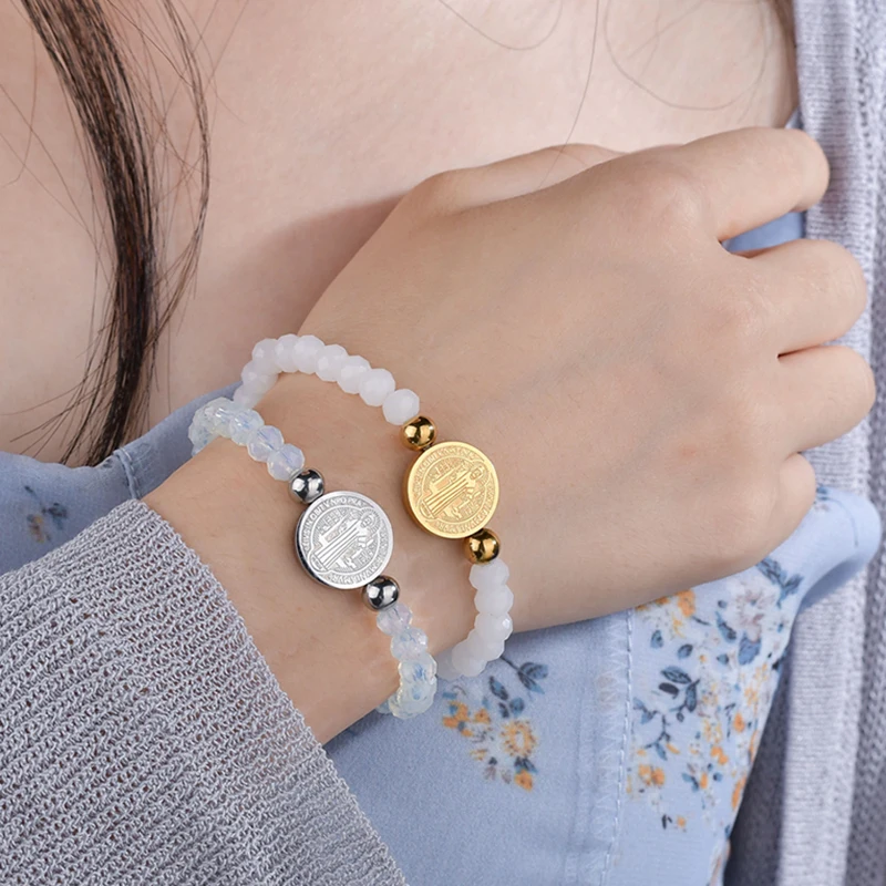 Браслеты женские из нержавеющей стали с белыми бусинами и прозрачными