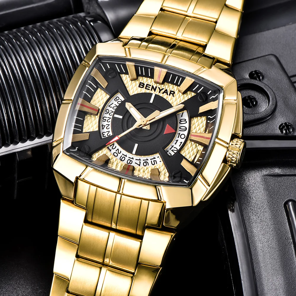 Кварцевые наручные часы с квадратным кожаным ремешком спортивные BENYAR большим