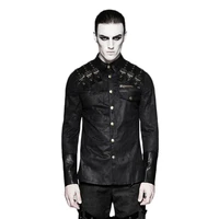 gothic long sleeve shirt men casual style black heavy metal punk shirt blouse men leather spliced casual shirts cotton fabric