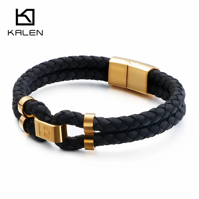 KALEN Stainless Steel Bulgaria GoldBlack Cross Charm Bracelets Men 21cm Double Layer BlackRed Leather Jewelry | Украшения и