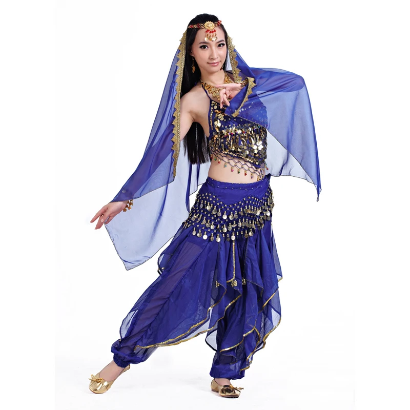 Belly Dance Costumes Set beaded bell tank top+sequins rotating pants+coins hip scarf+head chain+head scarf 5pcs full set SF70 |