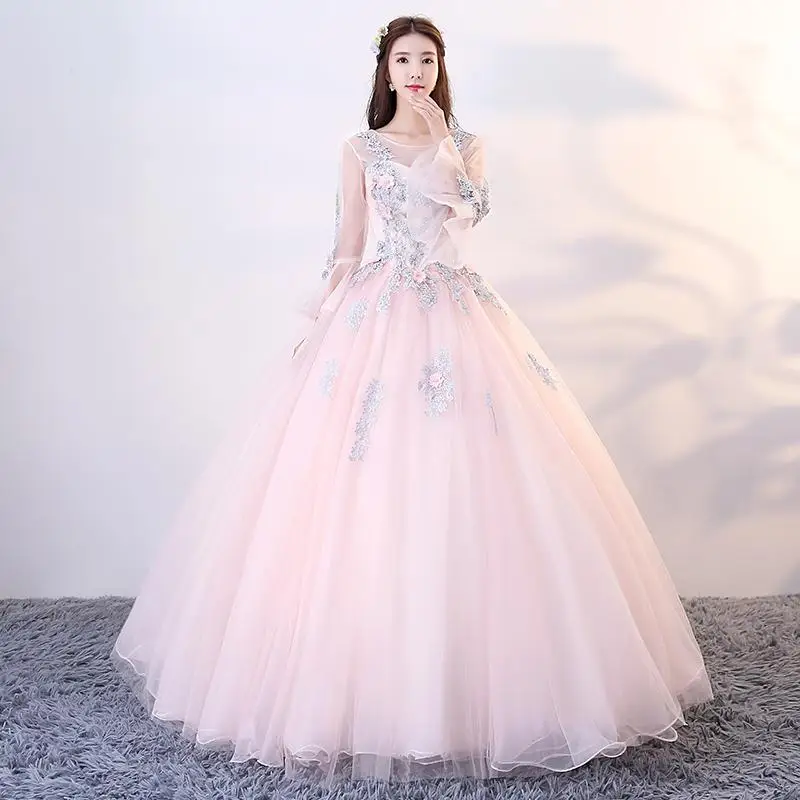 Свет Розовые платья Quinceanera с длинным рукавом бальное платье Тюль с аппликацией Vestidos De 15 Anos с расклешенным рукавом, Милая 16 платья - Цвет: Light pink
