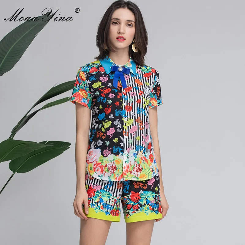 MoaaYina модельер летний комплект Для женщин в полоску с короткими рукавами