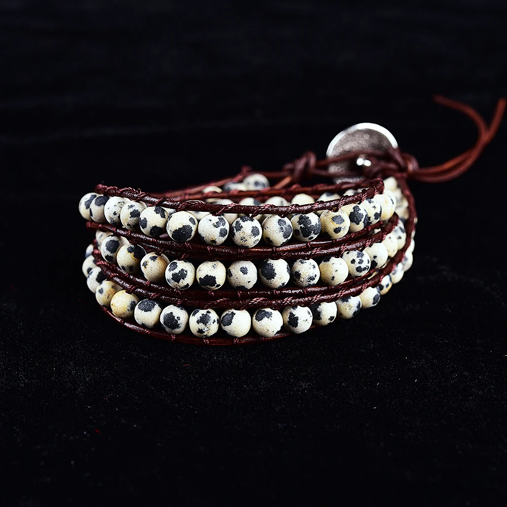 

Asingeloo Natural Matte Stone 6mm Dalmatian Beads Leather Bracelets 3 Wraps Handmade Vintage Jewelry Bracelet for Women