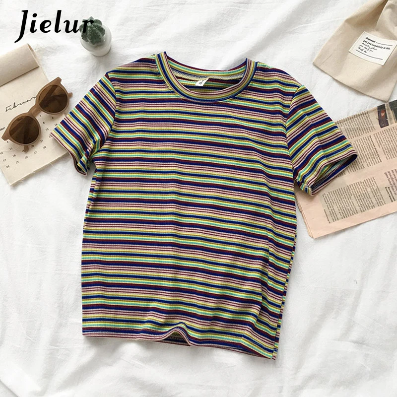 Jielur/красные желтые синие женские футболки в полоску 2019 г. Корейская футболка Ulzzang