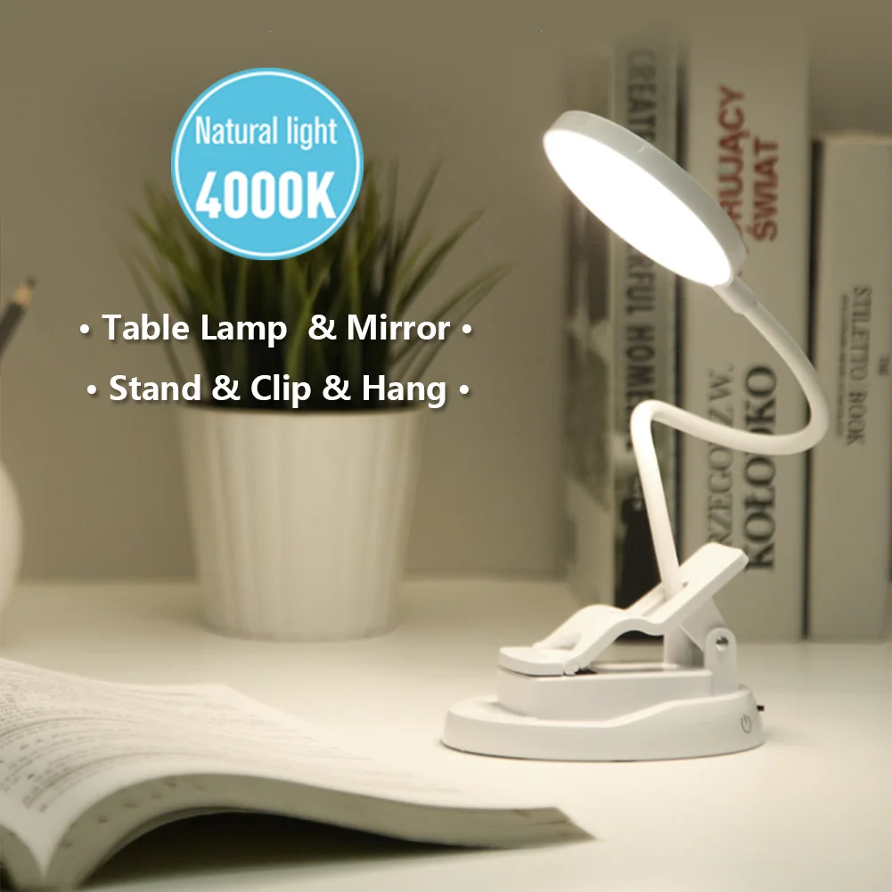 

LIGINWAAT LED Clip Mirror Desk Lamp With 2 Touch Switch Adjustable Light Eye Protect Desk Light Dimmer Rechargeable USB Lamp