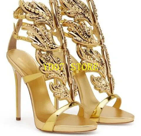 

Bling Bling Crystal Gladiator Leaves Sandals 2019 Summer Stiletto Heels Party Shoes Woman Angel Wings Pumps Black Gold Silver