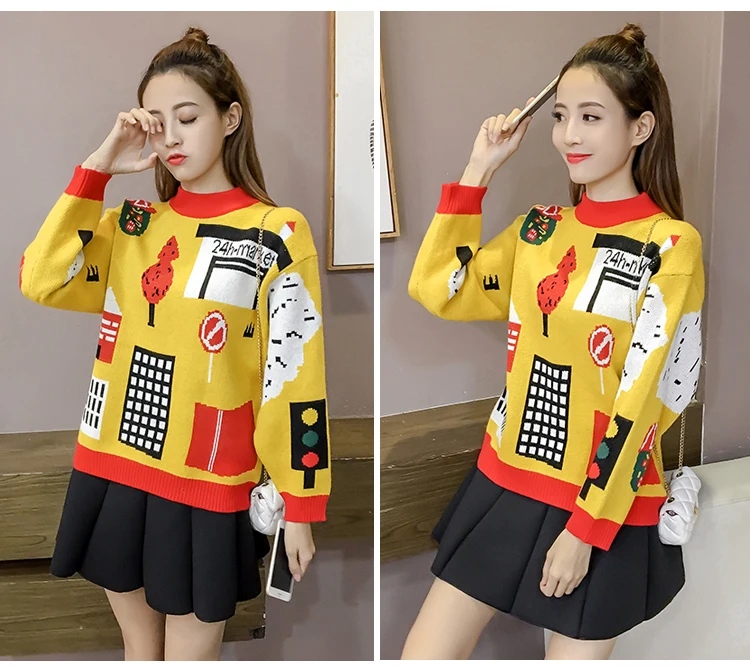 Autumn Winter Christmas Sweater Women Harajuku Print Pullover Half Turtleneck Knitted Sweaters Jumpers Pull truien dames MY788 | Женская