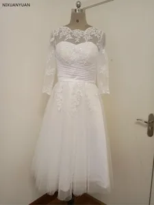 Женское свадебное платье с длинным рукавом, кружевное короткое платье цвета слоновой кости с глубоким круглым вырезом, винтажный наряд для невесты, 2021