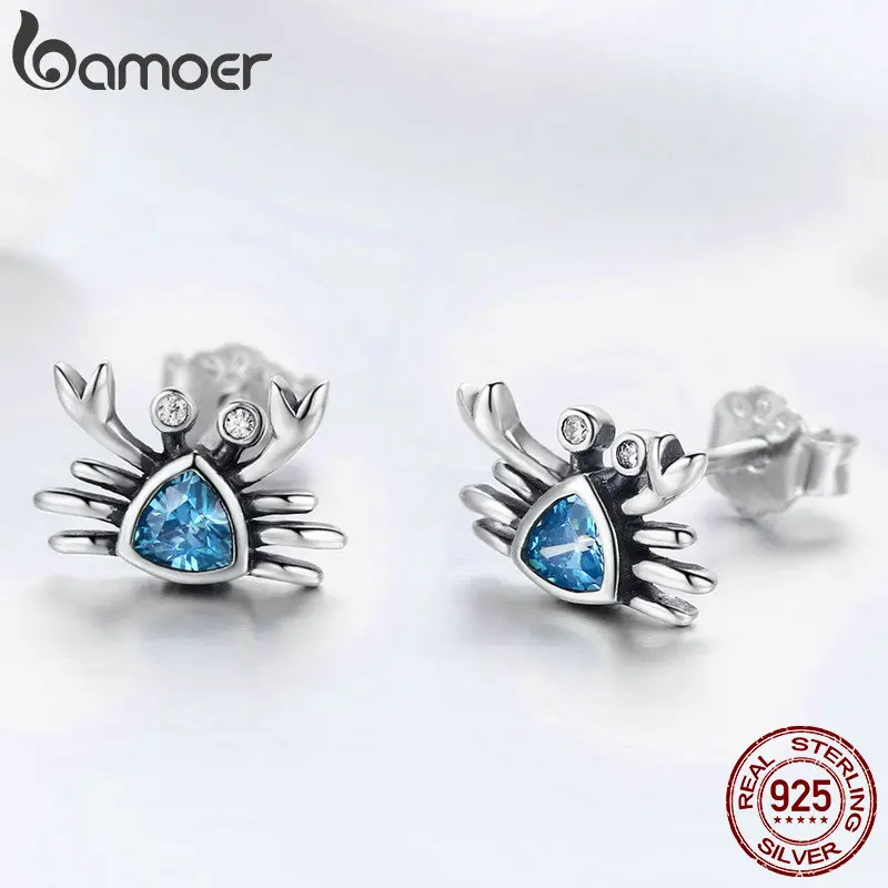 BAMOER, 925 пробы, серебряные, милые, Океанский краб, маленькие, голубые CZ серьги-гвоздики для женщин, модные серьги, ювелирный подарок, S925 SCE413