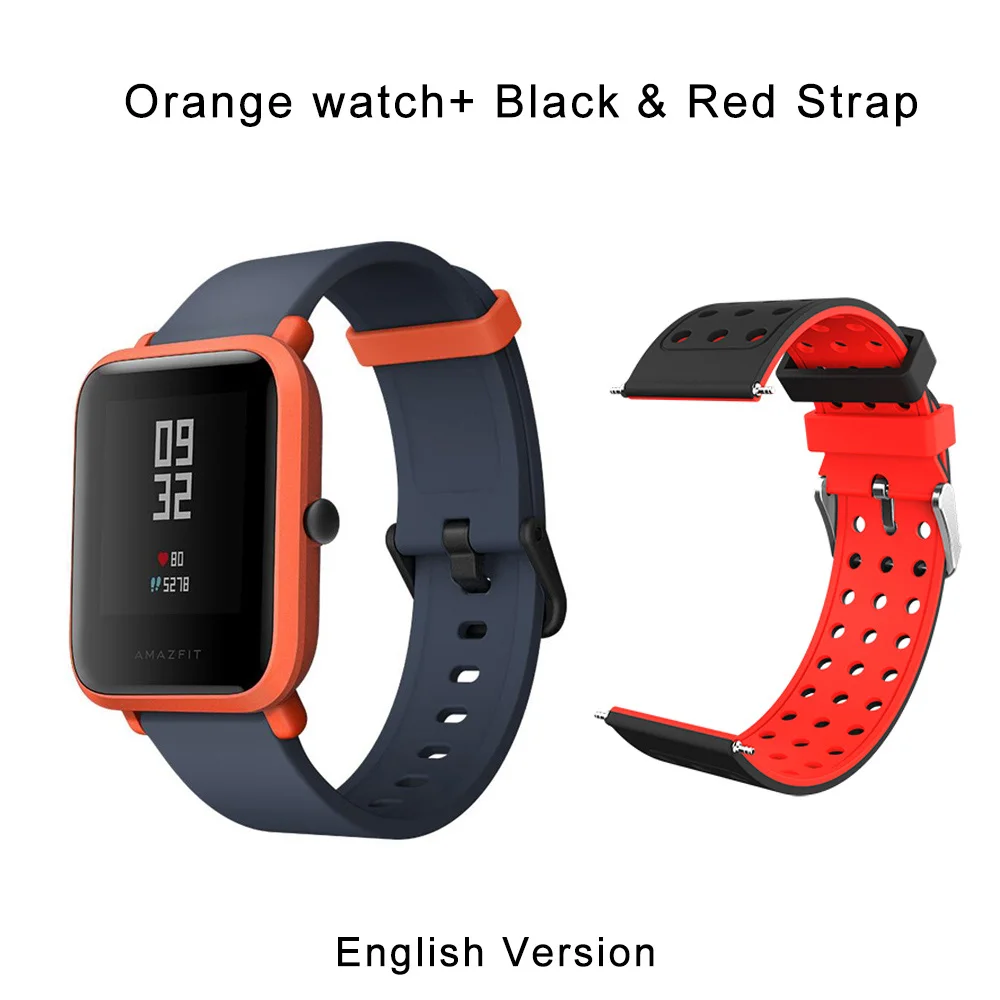 Оригинальные Смарт-часы Amazfit Huami Amazfit Bip, умные часы, Bluetooth 4,0, gps, пульс, 45 дней, батарея, IP68-глобальная версия - Цвет: Orange w black strap