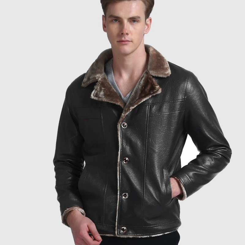 Мода 2017 Зимняя Толстая мужская кожаная куртка из искусственного меха Брендовая