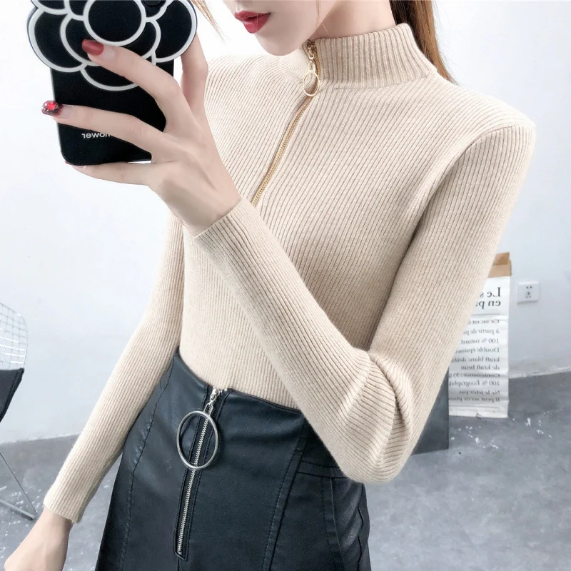 

AECU Turtleneck Women Sweater And Pullovers Pull Femme Hiver Autumn Zipper Knitted Sweater Female Women High Elastic Solid Top