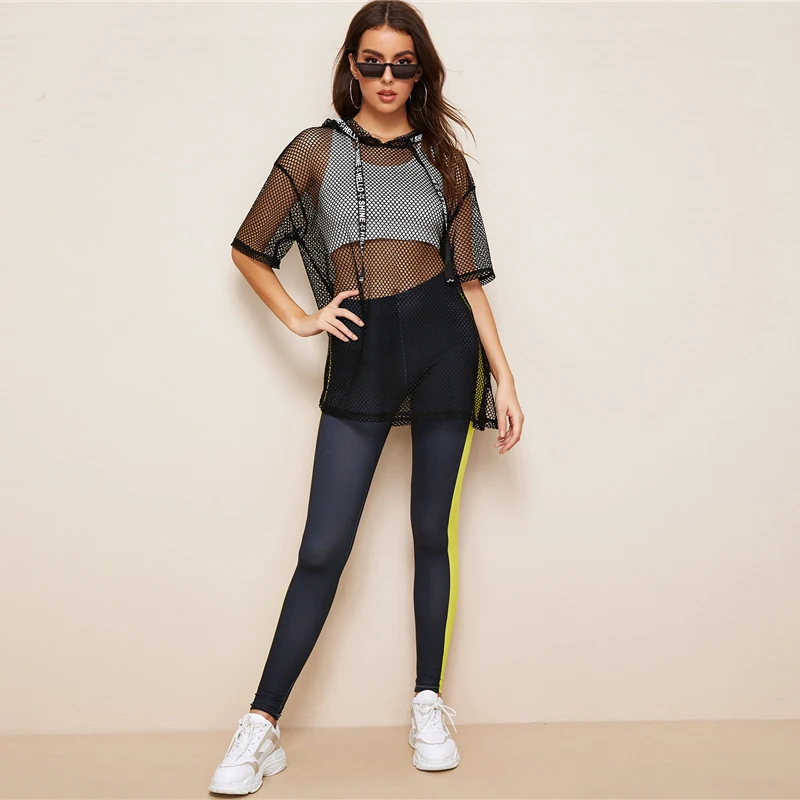 SHEIN, черный топ с капюшоном с буквенным принтом и сеткой, Длинный топ, женская летняя футболка с заниженным плечом, рукав до локтя, Повседневная Уличная футболка, топы