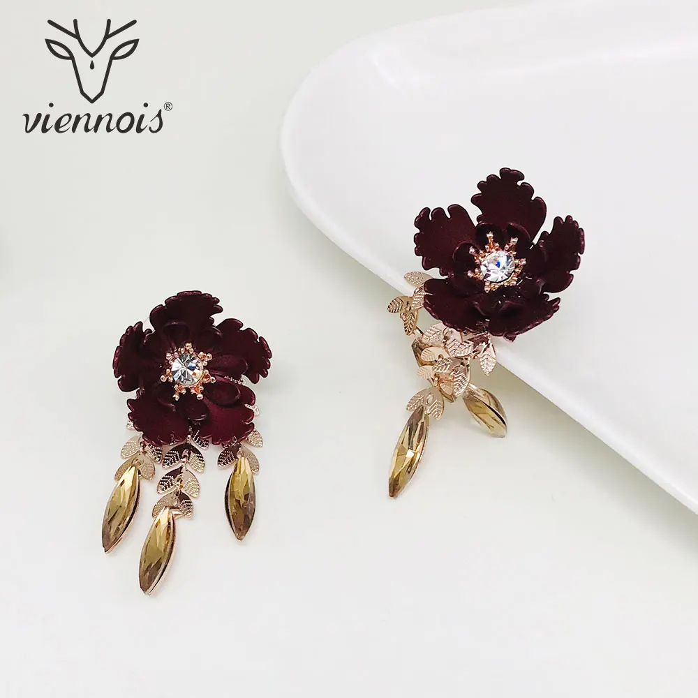 Viennois темно цветок красного цвета серьги капли для женщин Стразы Серьги женские