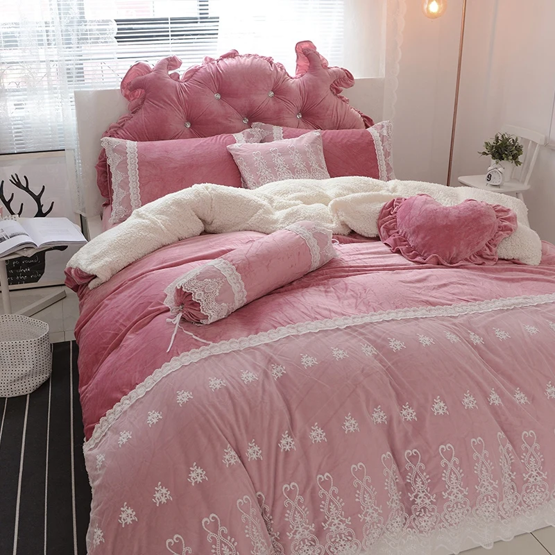 Blue Pink Purple Soft Berber Fleece Princess Girl White Lace Bedding Set Fleece Fabric Duvet Cover Bed sheet/Linen Pillowcases
