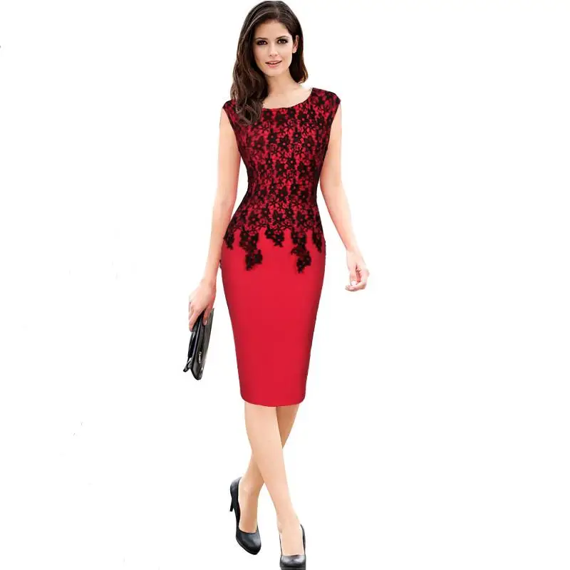 

Red female summer lace decals dress stitching round neck sexy stitching pencil dress professional women dress G28