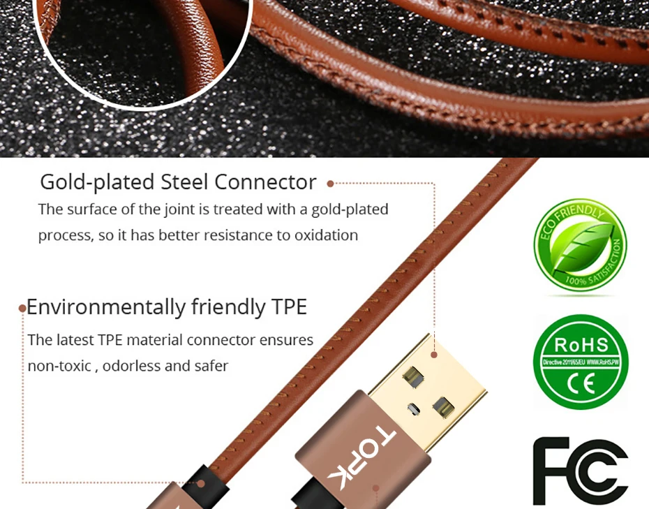 TOPK [5-Pack] Micro USB кабель из искусственной кожи металлический штекер кабель для передачи данных для samsung S7 edge Xiaomi Redmi 4X