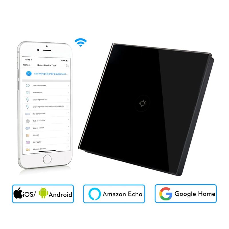 Wifi умный настенный сенсорный выключатель стеклянная панель мобильное приложение пульт дистанционного управления без концентратора требуется работа с Amazon Alexa Google Home US EU UK - Цвет: EU Type 1 Gang Black