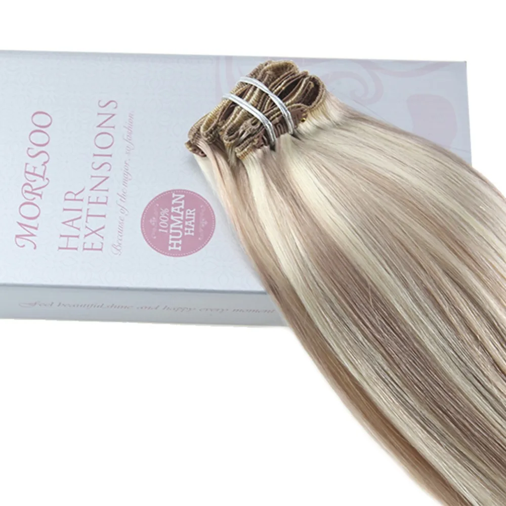 Moresoo 100 г волосы для наращивания на заколках, человеческие волосы Remy блонд# P18/613 на всю голову, 7 шт. 16-24 дюйма, бразильские волосы
