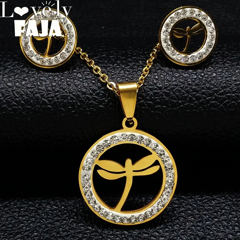 2021 Кристалл стрекозы из нержавеющей стали серьги ожерелье комплект ювелирных